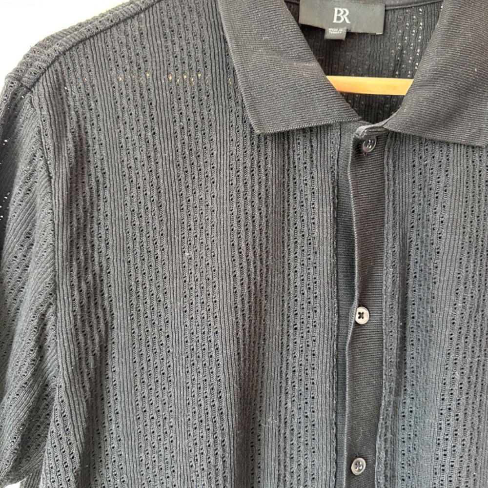 Banana Republic Mens Black Crochet Knit Collared Button Down - Picture 2 of 4